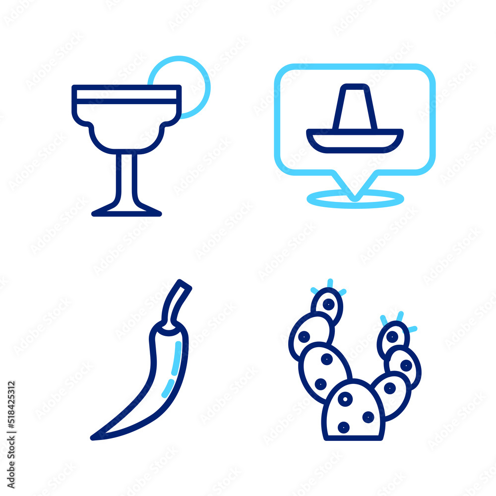 Set line Cactus, Hot chili pepper pod, Mexican sombrero and Margarita cocktail icon. Vector
