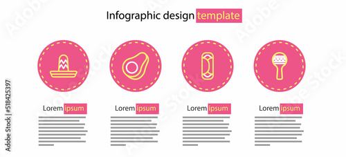 Set line Burrito, Maracas, Avocado fruit and Mexican sombrero icon. Vector
