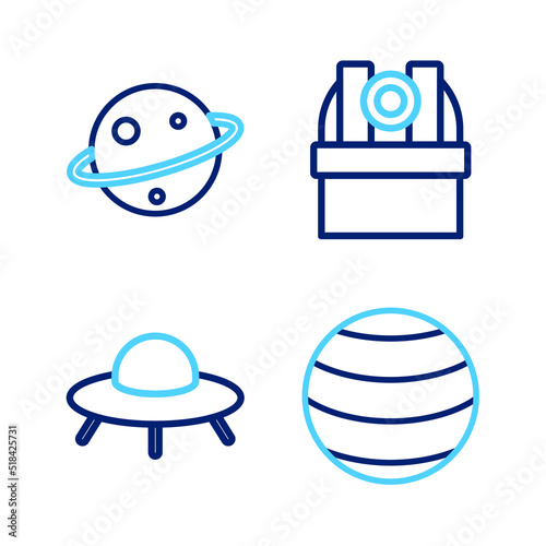 Set line Planet, UFO flying spaceship, Astronomical observatory and Saturn icon. Vector
