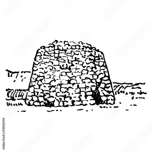 Nuraghe di Santa Sabina. Ruins of Nurhag stone tower. Sardinian ancient architecture. Hand drawn linear doodle rough sketch. Black silhouette on white background.