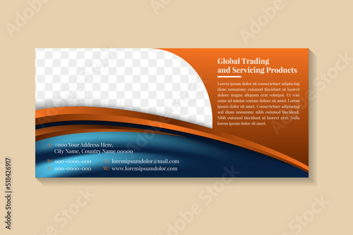 flyer template design with headline is global trading and servicing products. space of photo collage and text. Advertising banner with horizontal layout.  blue background, gold gradient elements.