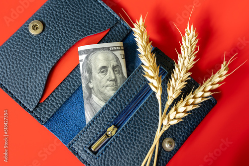 a purse with a hundred dollars, a credit card and three ears of wheat on a red background