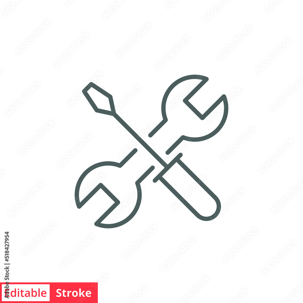 Maintenance icon. Simple outline style. Tool, wrench and screwdriver, spanner sign. Home services concept. Thin line vector illustration symbol isolated on white background. Editable stroke EPS 10. Maintenance icon. Simple outline style. Tool, wrench and screwdriver, spanner sign. Home services concept. Thin line vector illustration symbol isolated on white background. Editable stroke EPS 10.