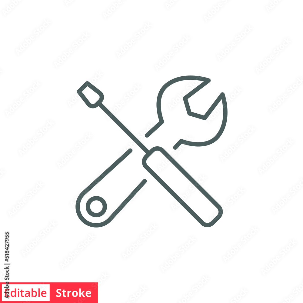 Maintenance icon. Simple outline style. Tool, wrench and screwdriver, spanner sign. Home services concept. Thin line vector illustration symbol isolated on white background. Editable stroke EPS 10.