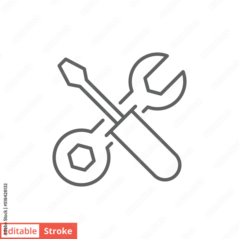 Maintenance icon. Simple outline style. Tool, wrench and screwdriver, spanner sign. Home services concept. Thin line vector illustration symbol isolated on white background. Editable stroke EPS 10. Maintenance icon. Simple outline style. Tool, wrench and screwdriver, spanner sign. Home services concept. Thin line vector illustration symbol isolated on white background. Editable stroke EPS 10.
