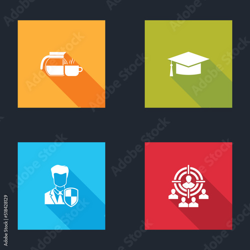 Set Coffee pot with cup, Graduation cap, User protection and Marketing target strategy icon. Vector