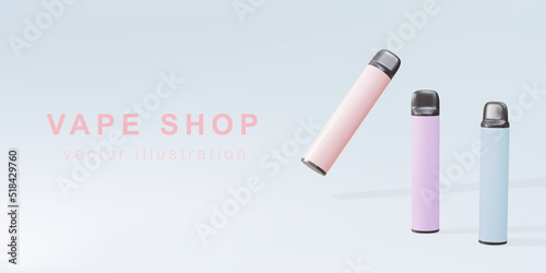 3D Promotional banner for Disposable electronic cigarette. The concept of modern smoking, vaping and nicotine. Vector illustration.
