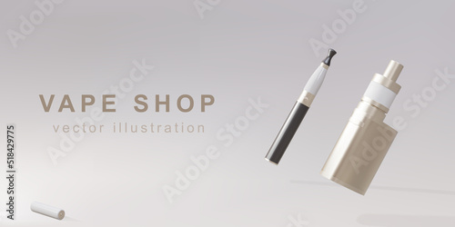 3D Promotional banner for vape shop - two realistic golden vaping devices. Vector illustration.