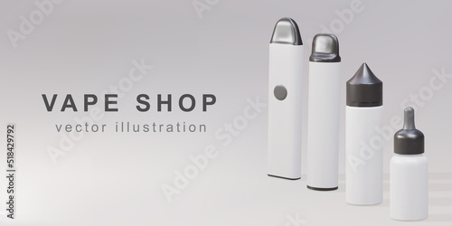 3D Promotional banner for vape shop - realistic  vaping devices and plastic bottle for vaping. Vector illustration.