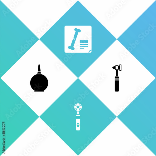 Set Enema, Electric toothbrush, X-ray shots and Medical otoscope tool icon. Vector