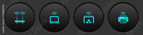 Set Router and wi-fi signal, Wireless laptop, Smart warehouse and printer icon. Vector