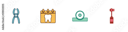 Set Dental pliers, Calendar with tooth, Otolaryngological head reflector and Toothbrush icon. Vector