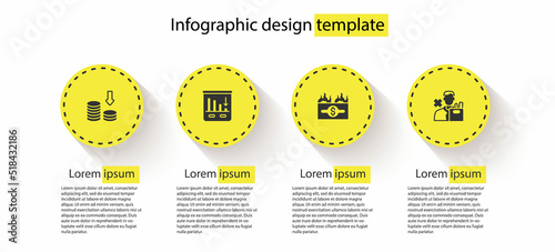 Set Dollar rate decrease, Pie chart infographic, Burning dollar bill and Employee dismissal. Business infographic template. Vector