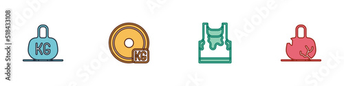 Set Weight, plate, Sweaty sleeveless t-shirt and Broken weight icon. Vector