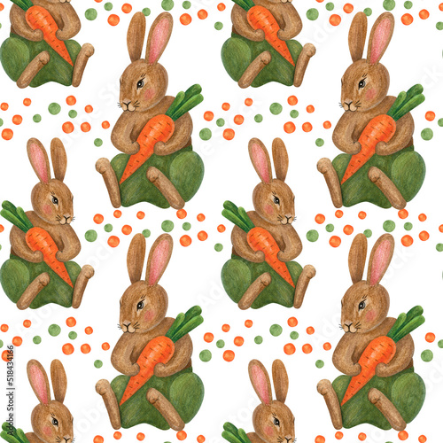 Seamless pattern with bunnies and carrot. Rabbits. Easter. Christmas. New Year. Painting. A colored pencil. Color illustration. The print is used for Wallpaper design, fabric, textile.