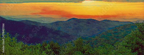 Sunrise over Shenandoah National Park, with mountains in silhouette and the sky a golden orange.