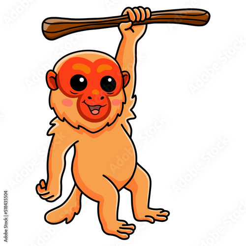 Cute bald uakari monkey cartoon hanging on tree
