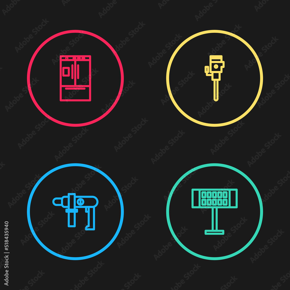 Set line Electric drill machine, heater, Construction jackhammer and Refrigerator icon. Vector Set line Electric drill machine, heater, Construction jackhammer and Refrigerator icon. Vector