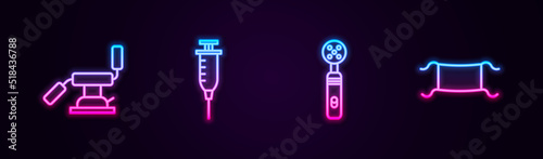 Set line Medical dental chair, Syringe, Electric toothbrush and protective mask. Glowing neon icon. Vector