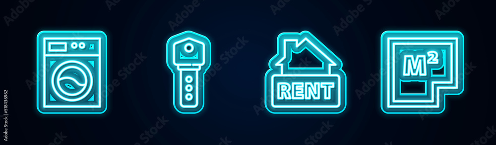 Set line Washer, House key, Hanging sign with Rent and plan. Glowing neon icon. Vector Set line Washer, House key, Hanging sign with Rent and plan. Glowing neon icon. Vector