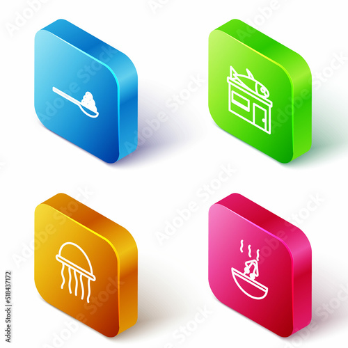 Set Isometric line Caviar on a spoon, Seafood store, Jellyfish and Soup with octopus icon. Vector