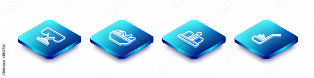 Set Isometric line Wooden table, Nachos in plate, Salt and pepper and Kitchen ladle icon. Vector Set Isometric line Wooden table, Nachos in plate, Salt and pepper and Kitchen ladle icon. Vector