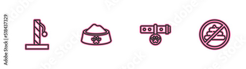 Set line Cat scratching post, Collar with name tag, Pet food bowl and No shit icon. Vector