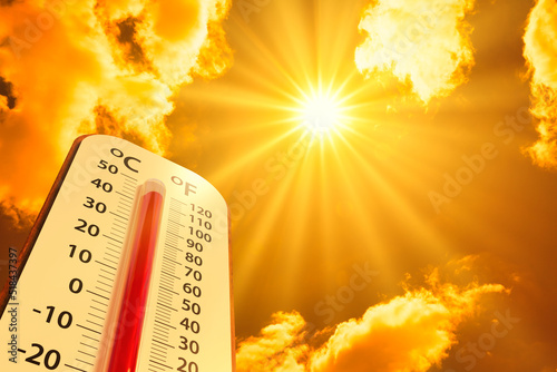 Murais de parede hot temperature,Thermometer on yellow sky with sun shining in summer show higher