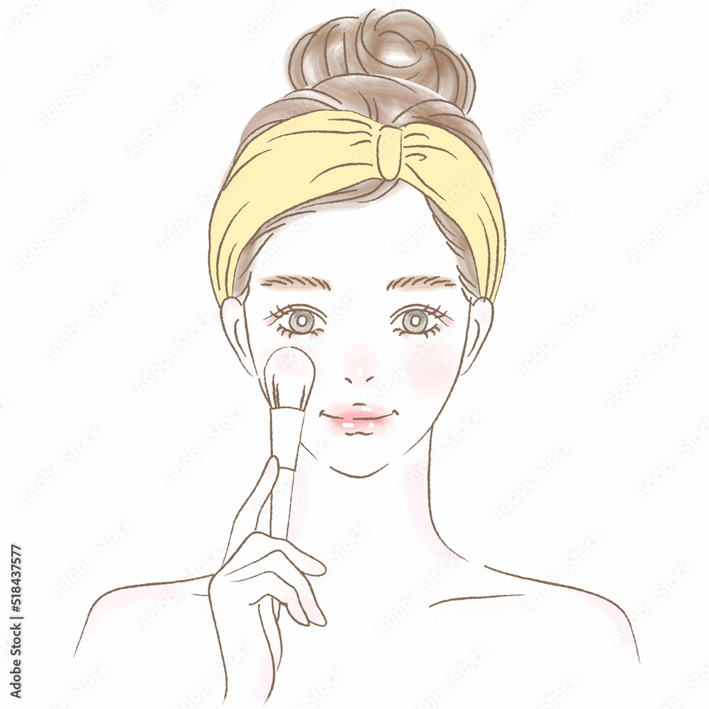 ブラシでメイクするヘアバンドの女性の上半身イラスト