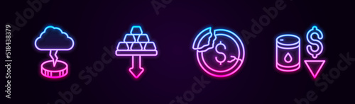 Set line Storm, Gold bars, Dollar rate decrease and Drop in crude oil price. Glowing neon icon. Vector