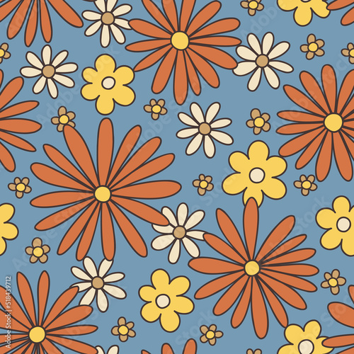 Colorful Orange, Yellow, Blue Large Scale Hand-Drawn Floral Vector Seamless Pattern. Retro 70s Style Nostalgic Fashion Textile Bold Background. Summer Resort Print. Daisies. Flower Power
