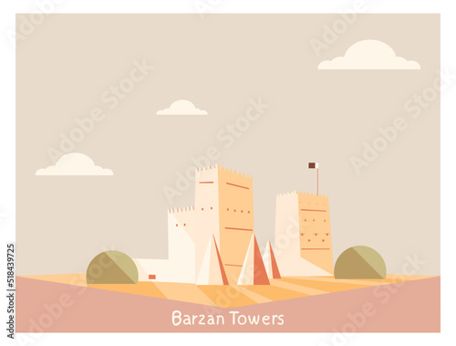 Barzan Tower or Umm Salal Mohammed Fort Towers, are watchtowers built near the sea in the municipality of Umm Salal.Qatar.Vector landmark for Qatar Map