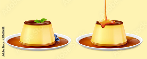 Caramel puddings on plate photo