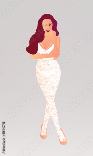 Vector illustration of fashion girl in a modern outfit concept of beauty and mental femininity, beautiful young woman with long wavy red hair, wearing a white lace dress, flawless skin