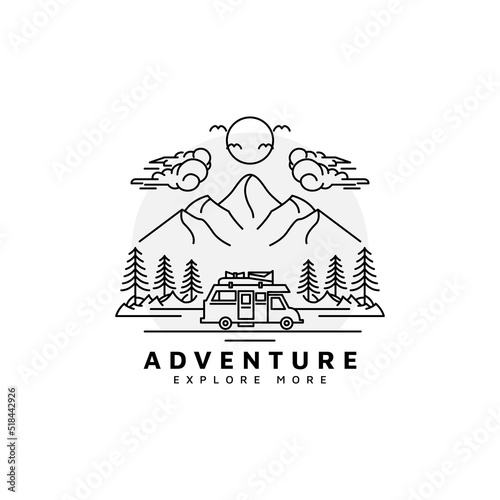 Camper van logo design, recreational vehicle with mountain and forest line art monoline style vector illustration