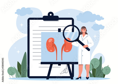 Kidney treatment concept. Woman with magnifying glass examines internal organs of person. Specialist, doctor with loupe. Anatomy and biology. Girl make diagnosis. Cartoon flat vector illustration