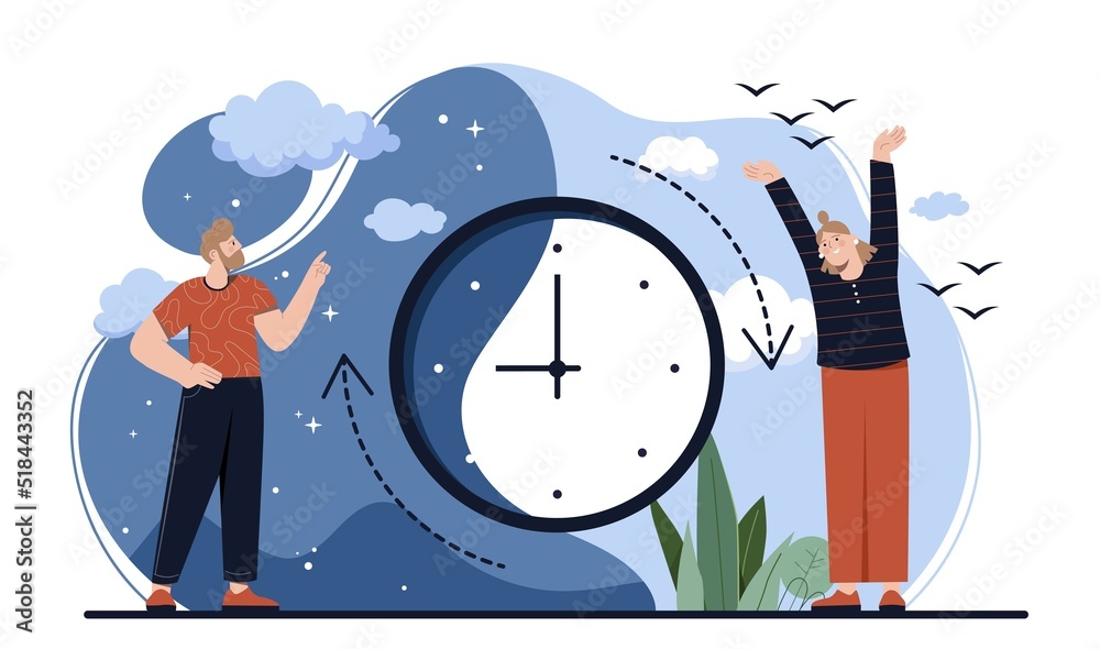 Managing time concept. Man and woman next to clock. Metaphor for