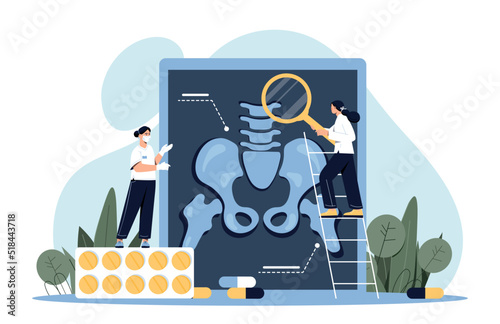 Orthopedics doctors with magnifying glass. Man and woman evaluate spine and posture. Bone treatment. Biology and anatomy, study of human body. Scientific research. Cartoon flat vector illustration