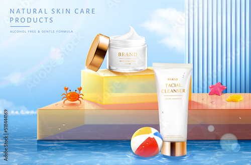 3d summer beach skincare ad banner