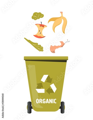 Trash can with food. Waste sorting concept. Green container with apple core, banana peel, piece of greens and bone. Processing of natural and organic products. Cartoon flat vector illustration