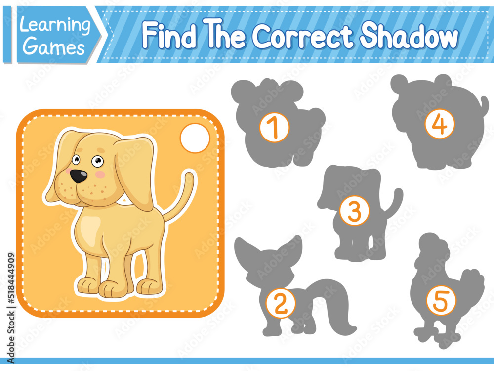 Find The Correct Shadow Find And Match The Correct Shadow Of Dog. Kids Educational Game. Printable Worksheet Vector Illustration
