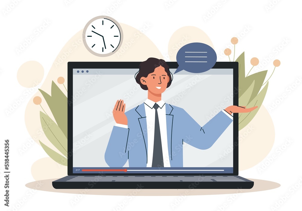 Online webinar concept. Man on screen of laptop says something. Distance learning and education. Courses and master classes on Internet, modern technologies. Cartoon flat vector illustration Online webinar concept. Man on screen of laptop says something. Distance learning and education. Courses and master classes on Internet, modern technologies. Cartoon flat vector illustration