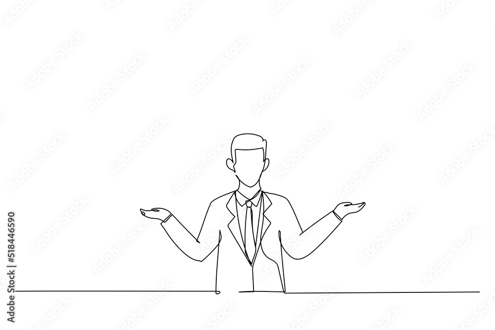 Cartoon of young male worker showing a balance of two products. Continuous line art style Cartoon of young male worker showing a balance of two products. Continuous line art style