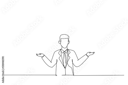Cartoon of young male worker showing a balance of two products. Continuous line art style
