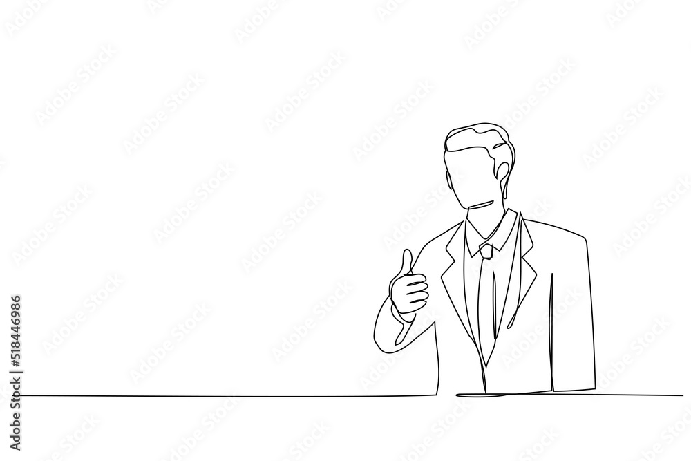 Drawing of Caucasian guy in business suit showing thumbs up sign. Single continuous line art Drawing of Caucasian guy in business suit showing thumbs up sign. Single continuous line art