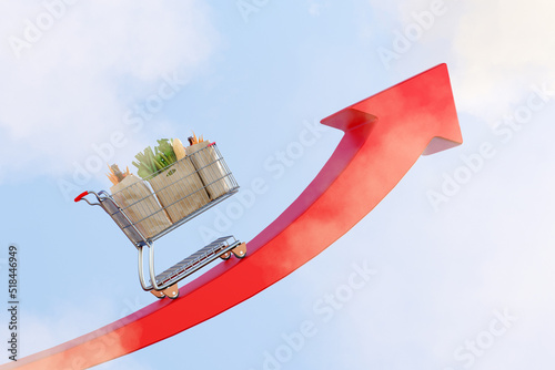Inflation/rising food prices concept. Cart on a red arrow going up.