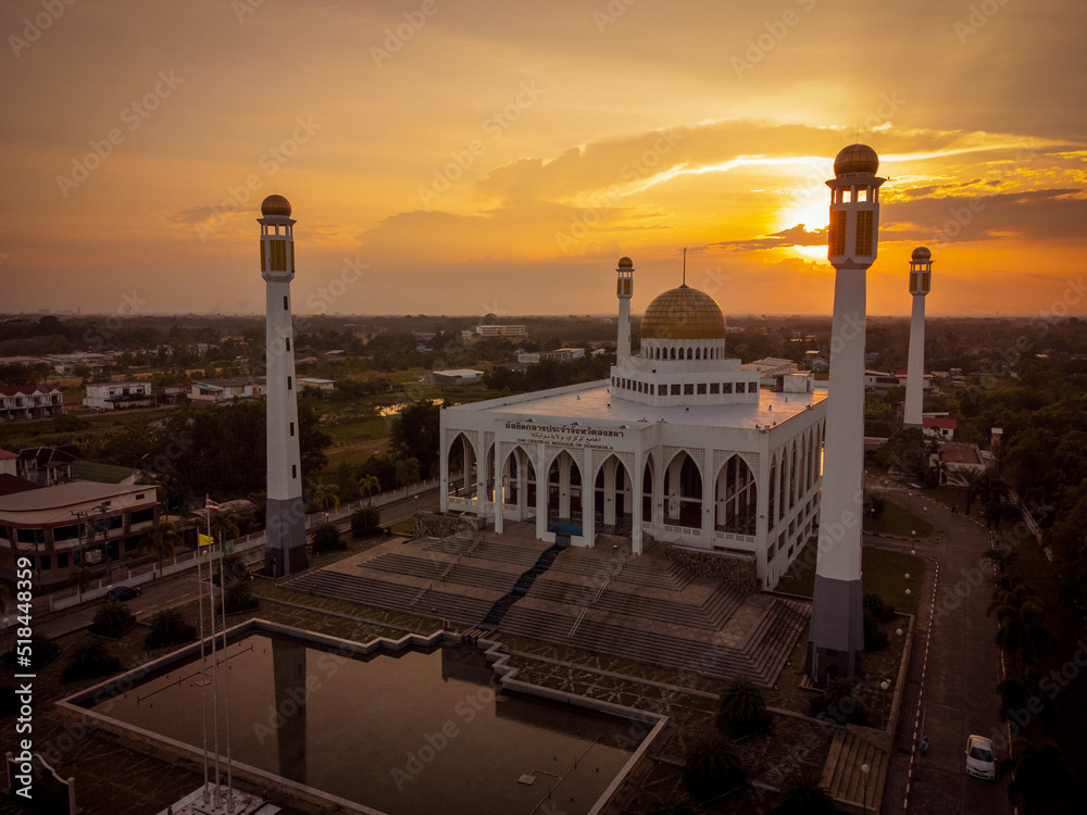 Landscape of beautiful sunset sky at Central Mosque in Songkhla province, Southern of Thailand.