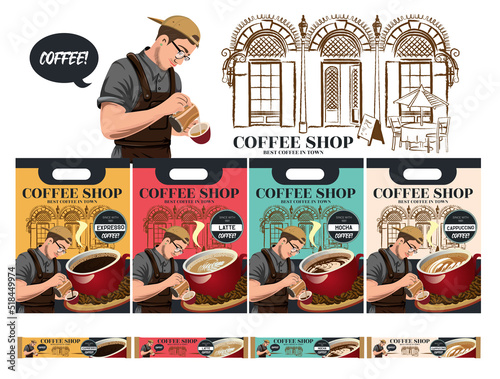 Coffee bag packaging design. A group of sketch banners with baristas and coffee shops in the background for posters or other template designs.