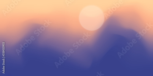 Mountain panoramic view, abstract stylization, sunset light and sun, vector illustration