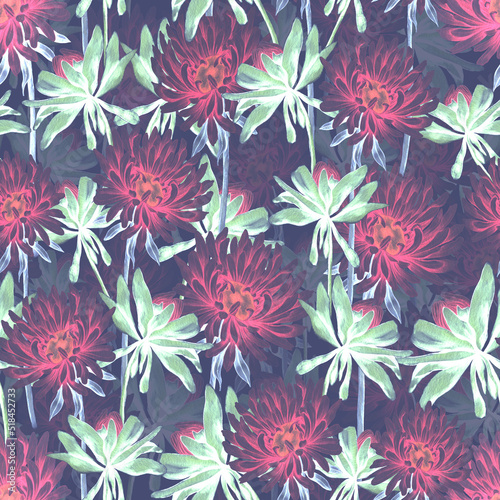 Large aster flowers. Trendy modern seamless pattern. Bright neon print.